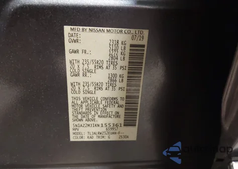 2019 Nissan Murano Sl z USA, uszkodzony, nr VIN 5N1AZ2MJ1KN155361